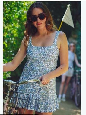 Floral Square-Neck Mini Dress in Blue and White